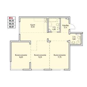 3-к квартира, строящийся дом, 90м2, 7/19 этаж