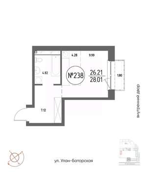 Студия квартира, строящийся дом, 28м2, 12/19 этаж