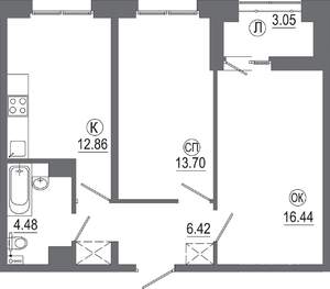 2-к квартира, вторичка, 57м2, 6/16 этаж