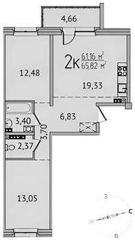 2-к квартира, вторичка, 64м2, 5/9 этаж