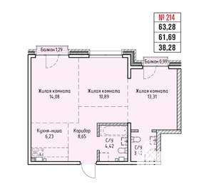 3-к квартира, строящийся дом, 63м2, 8/19 этаж