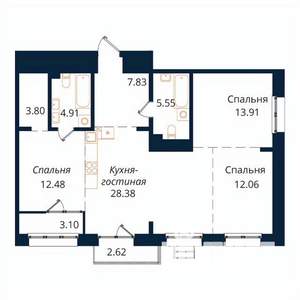 3-к квартира, строящийся дом, 95м2, 16/18 этаж