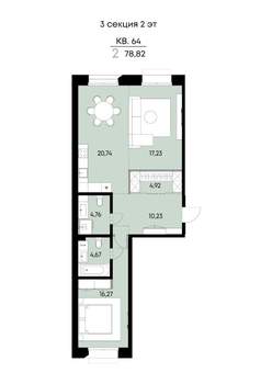 2-к квартира, вторичка, 79м2, 2/9 этаж