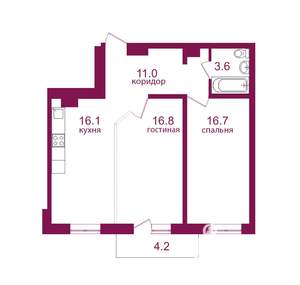 2-к квартира, строящийся дом, 68м2, 2/12 этаж