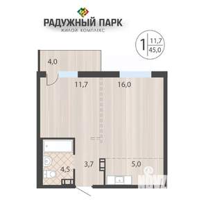 1-к квартира, вторичка, 45м2, 3/16 этаж