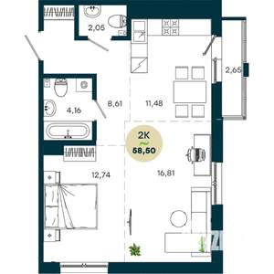 2-к квартира, строящийся дом, 59м2, 13/19 этаж