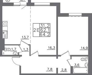 2-к квартира, вторичка, 64м2, 9/9 этаж