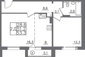 2-к квартира, вторичка, 53м2, 8/9 этаж