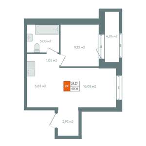 2-к квартира, вторичка, 42м2, 2/14 этаж