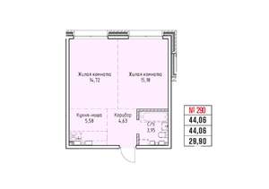 2-к квартира, строящийся дом, 44м2, 18/19 этаж