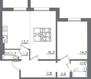 2-к квартира, вторичка, 62м2, 1/9 этаж