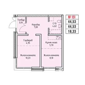 2-к квартира, строящийся дом, 45м2, 1/19 этаж