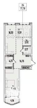 2-к квартира, вторичка, 78м2, 17/19 этаж