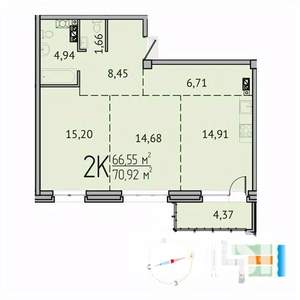 2-к квартира, вторичка, 71м2, 8/9 этаж