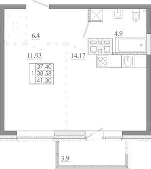 1-к квартира, строящийся дом, 41м2, 15/16 этаж