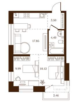 2-к квартира, строящийся дом, 48м2, 2/4 этаж