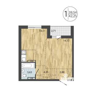 1-к квартира, строящийся дом, 42м2, 16/19 этаж