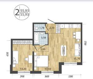 2-к квартира, строящийся дом, 56м2, 1/19 этаж