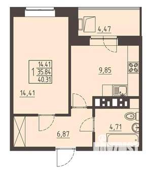 1-к квартира, строящийся дом, 40м2, 14/17 этаж