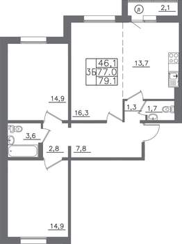 3-к квартира, вторичка, 79м2, 2/9 этаж