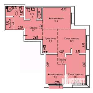 4-к квартира, строящийся дом, 88м2, 4/19 этаж