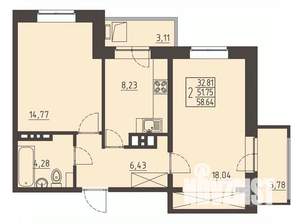2-к квартира, строящийся дом, 59м2, 10/17 этаж