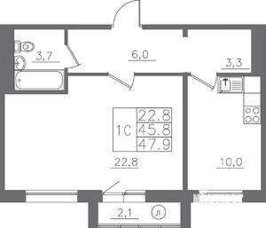 1-к квартира, вторичка, 48м2, 7/14 этаж