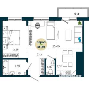 2-к квартира, строящийся дом, 56м2, 11/19 этаж