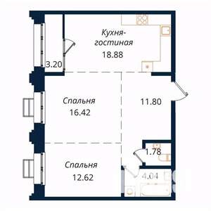 2-к квартира, строящийся дом, 69м2, 11/18 этаж