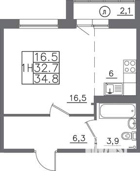 1-к квартира, вторичка, 35м2, 2/14 этаж