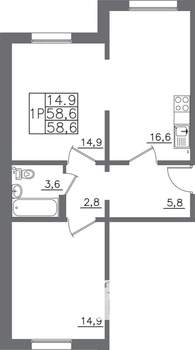 1-к квартира, вторичка, 59м2, 1/9 этаж