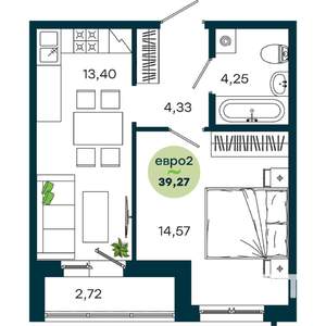 1-к квартира, строящийся дом, 39м2, 4/19 этаж