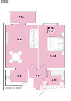 2-к квартира, вторичка, 52м2, 12/16 этаж