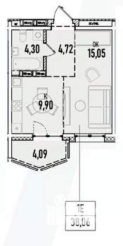 1-к квартира, вторичка, 38м2, 15/19 этаж