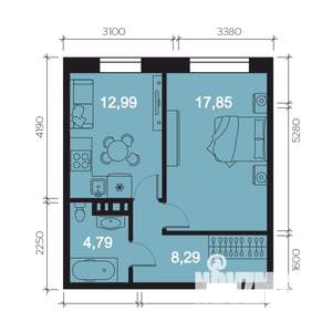 2-к квартира, строящийся дом, 44м2, 4/8 этаж