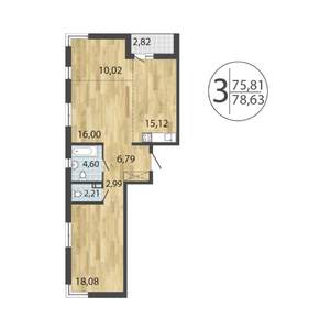 3-к квартира, строящийся дом, 79м2, 9/19 этаж