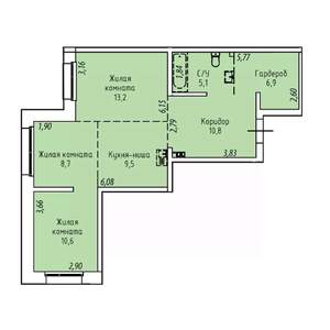 3-к квартира, строящийся дом, 65м2, 4/19 этаж