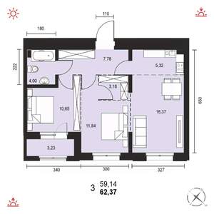 3-к квартира, вторичка, 62м2, 4/14 этаж