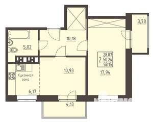 2-к квартира, строящийся дом, 58м2, 11/17 этаж