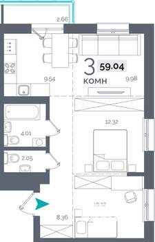 3-к квартира, вторичка, 59м2, 12/15 этаж