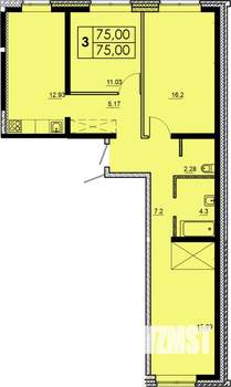 3-к квартира, строящийся дом, 75м2, 1/16 этаж