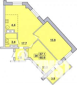 3-к квартира, строящийся дом, 61м2, 13/13 этаж