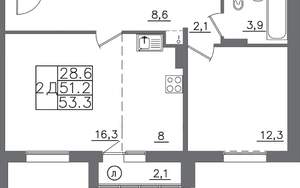 2-к квартира, вторичка, 53м2, 6/9 этаж