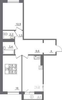 2-к квартира, вторичка, 69м2, 8/14 этаж