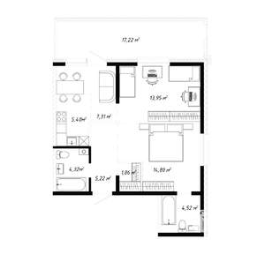 2-к квартира, вторичка, 57м2, 1/19 этаж