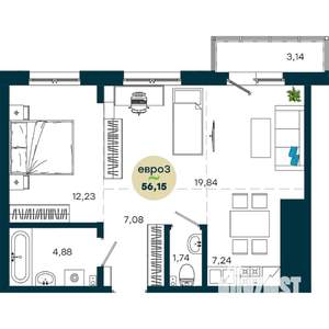 2-к квартира, строящийся дом, 56м2, 4/19 этаж