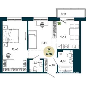 2-к квартира, строящийся дом, 57м2, 8/19 этаж