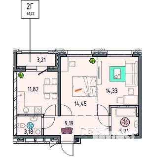 2-к квартира, вторичка, 61м2, 1/14 этаж
