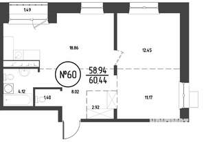 2-к квартира, строящийся дом, 60м2, 12/19 этаж