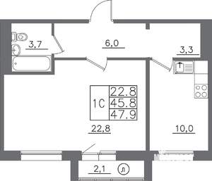 1-к квартира, вторичка, 48м2, 11/14 этаж